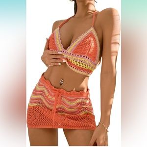 SOLY HUX Women's 2 Piece Halter Top and Mini Skirt Swimwear Cover Up Set New